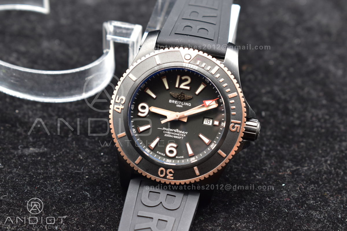 Superocean Automatic 44 TF 1:1 Best Edition Black Dial Black Bezel on Black Rubber Strap A2824